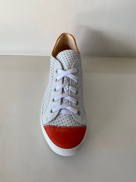 White Orange Perforated Leather Sneaker