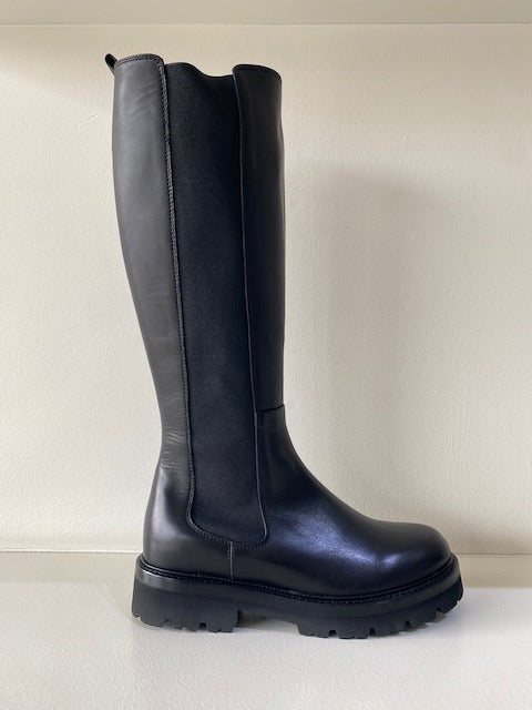 Black Leather Knee High Chunky Soled Boot