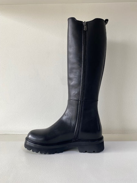 Black Leather Knee High Chunky Soled Boot