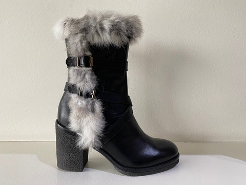 Black Leather Rabbit Fur Ankle Boot