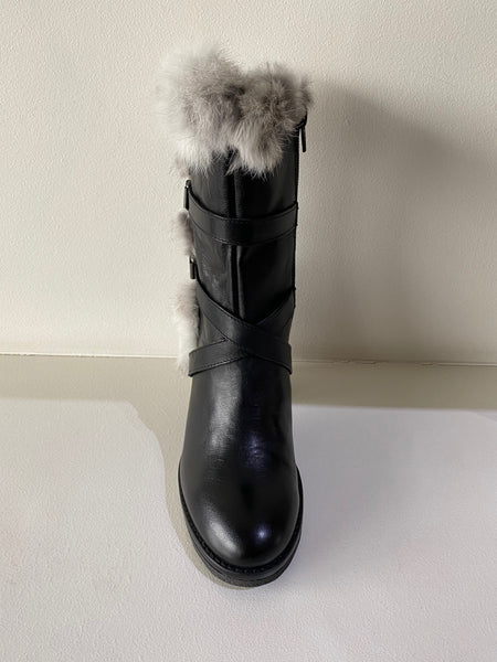 Black Leather Rabbit Fur Ankle Boot