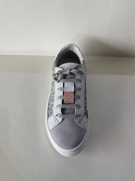 Flout White Leather SIlver Glitter Sneaker